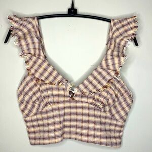 Mustard Seed Cropped Ruffle Plaid Flannel Tank Top Country Rustic M Adjustable